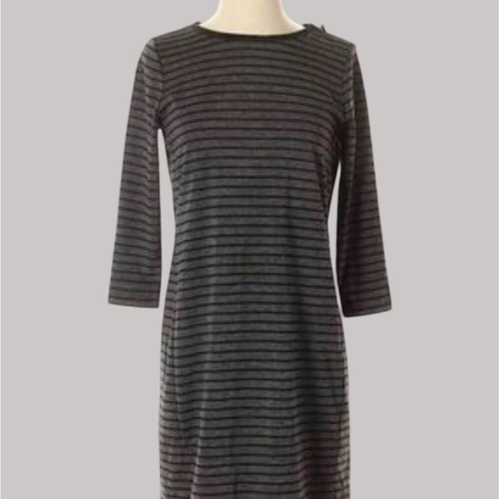 LOFT Womens Striped Dress Size L Gray Black 3/4 Sleeve Shoulder Zip Shift Casual